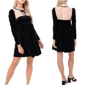 NWT Chelsea & Violet Long Shirred Sleeve Illusion Mesh Ruffle Black Velvet Dress